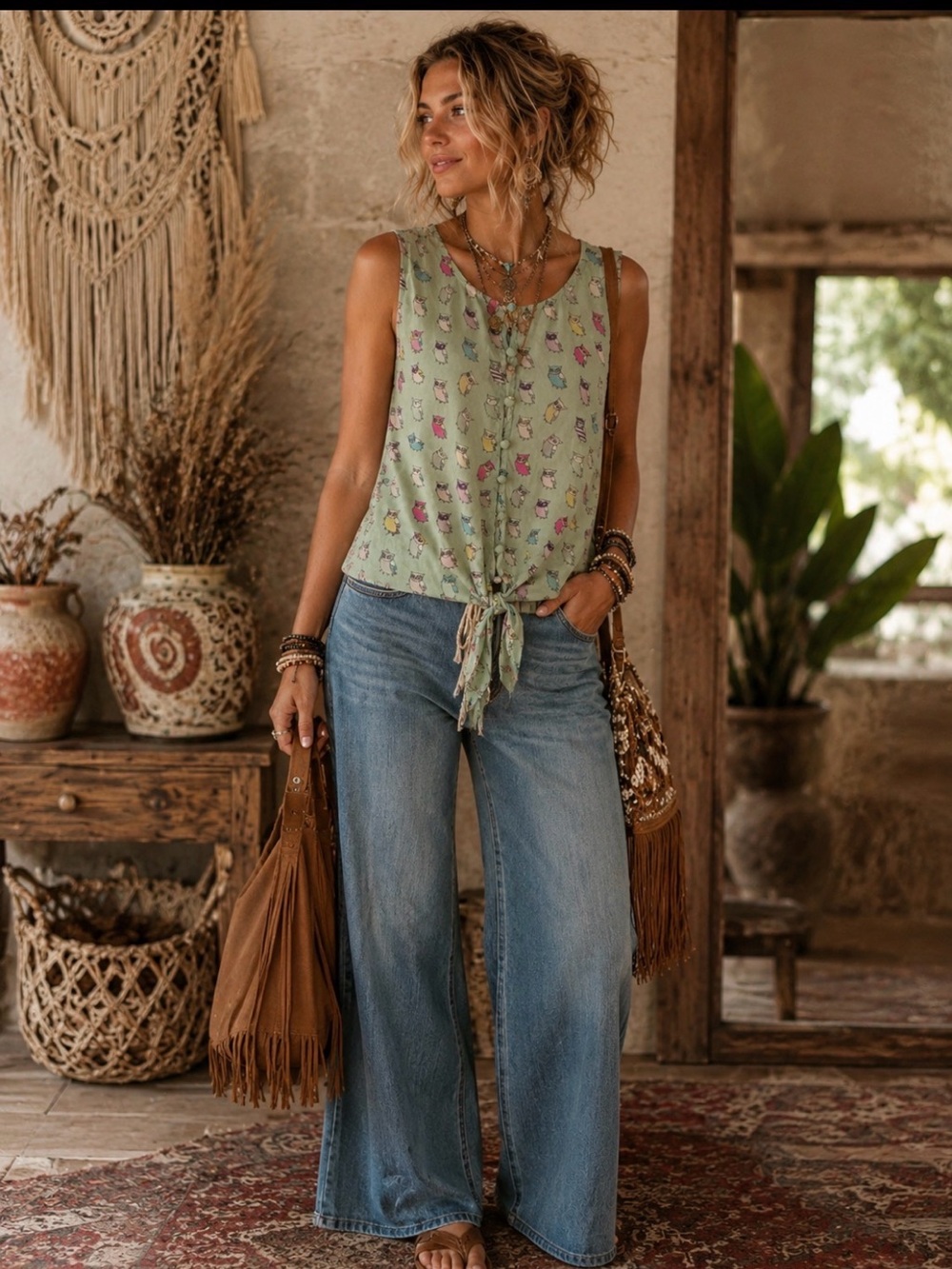 Blu Pepper Sage Green‎ Floral Tie-Front Sleeveless Top